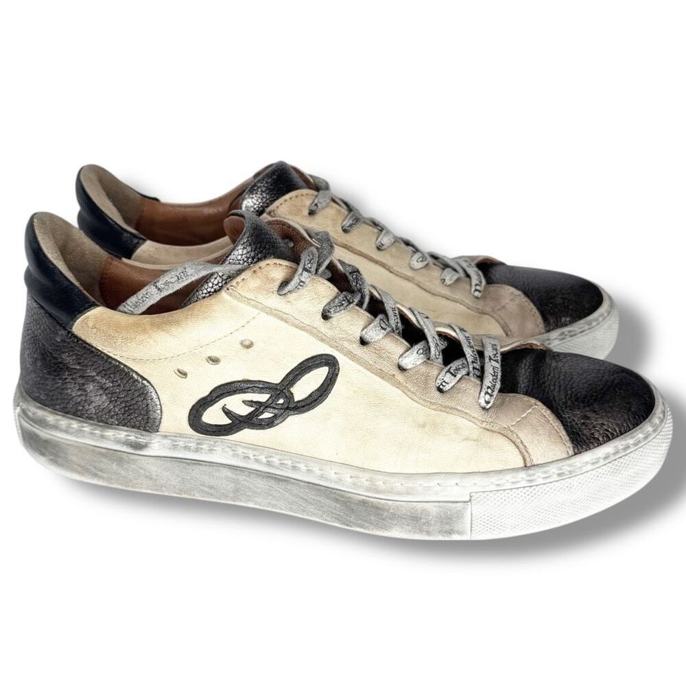 MALEDETTI TOSCANI Woman's Luxury Leather Cream Metallic Black Logo Sneaker Sz 37